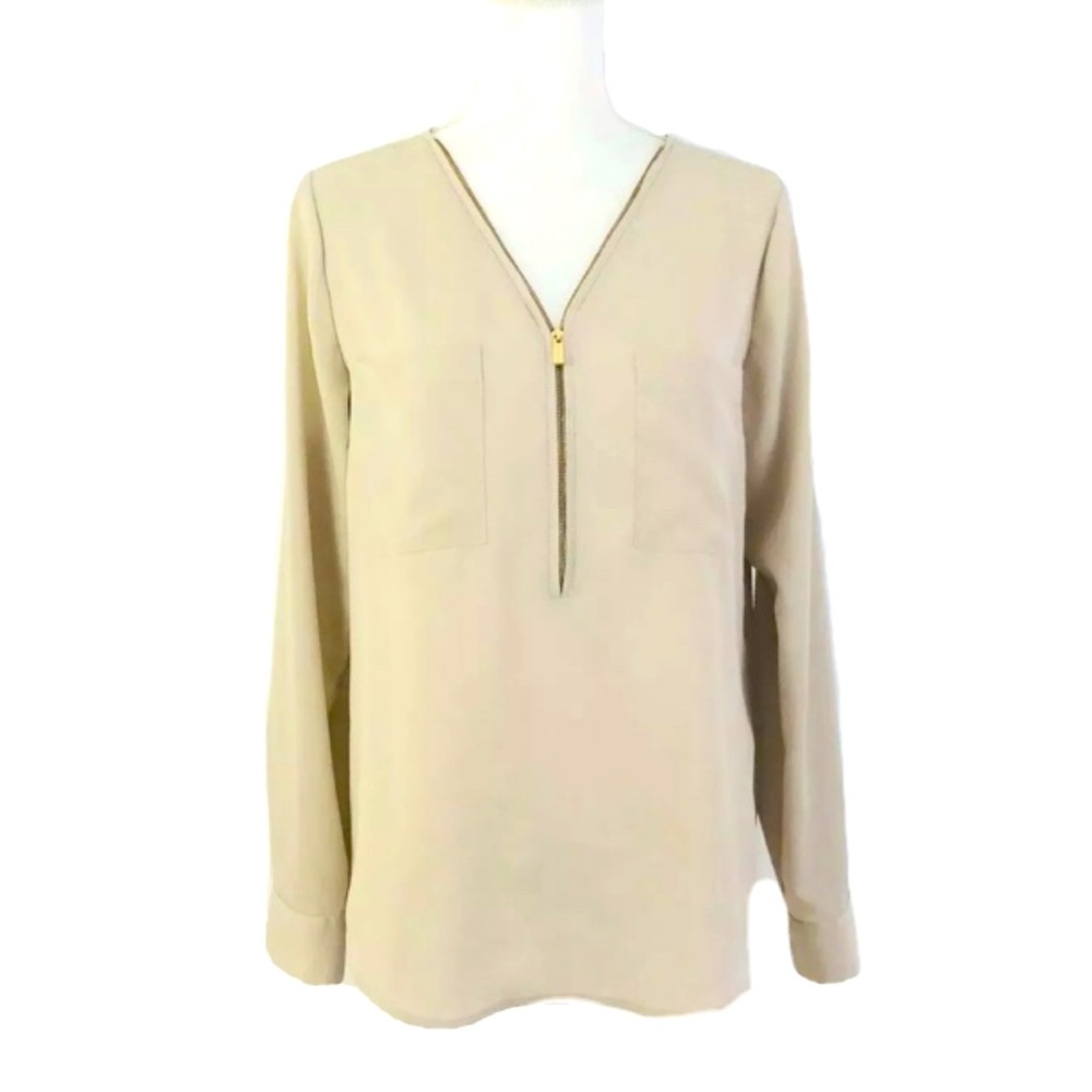 Calvin Klein Half Zip Top Blouse Tie Long Sleeves Tan Sz S
